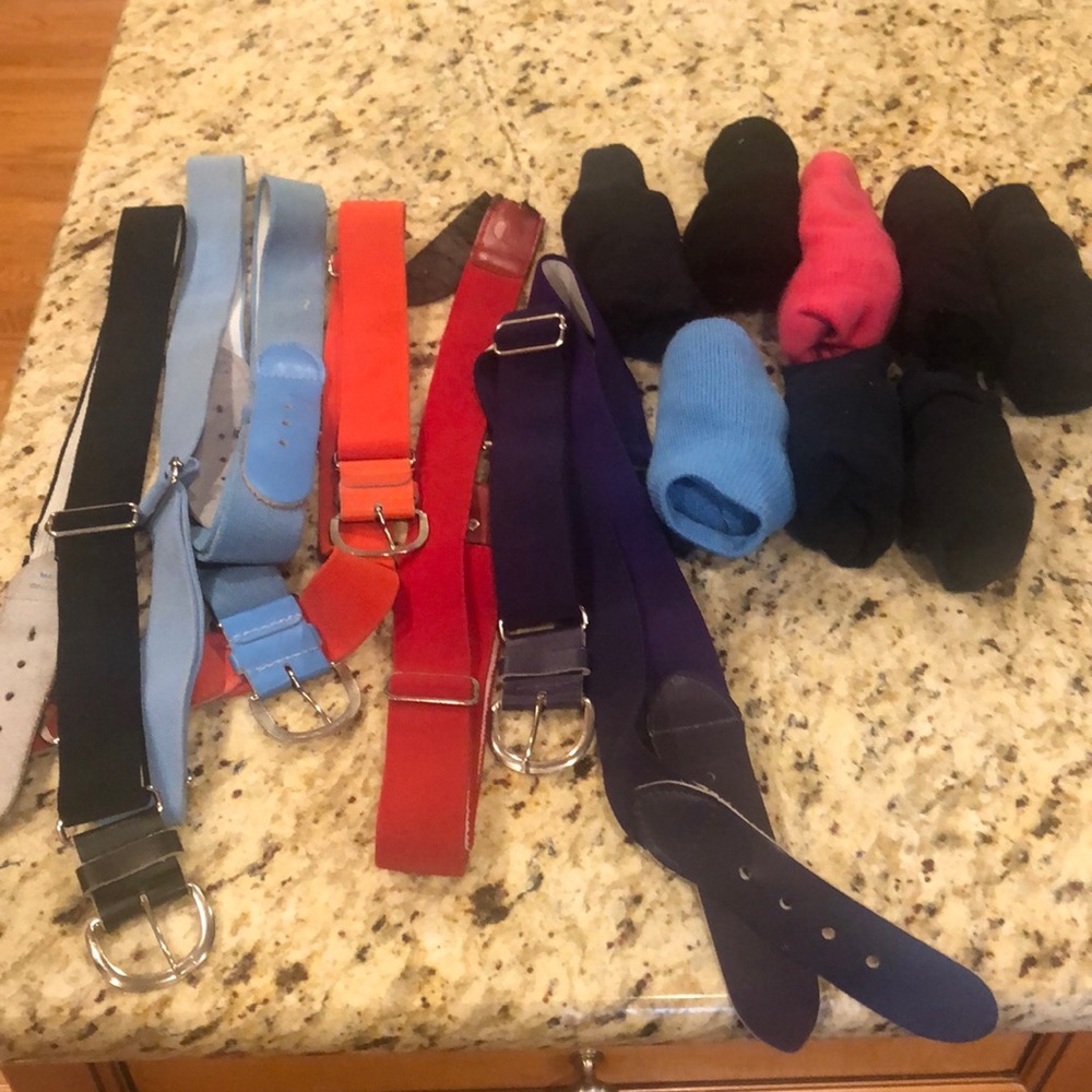 Softball/baseball 7 belts and 8 socks lot